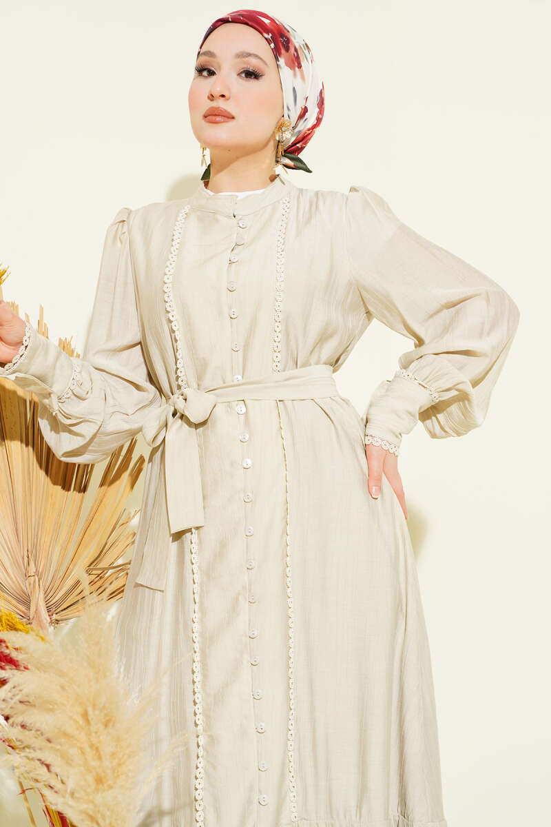 Belted Dress with Pleated Skirt - Stone