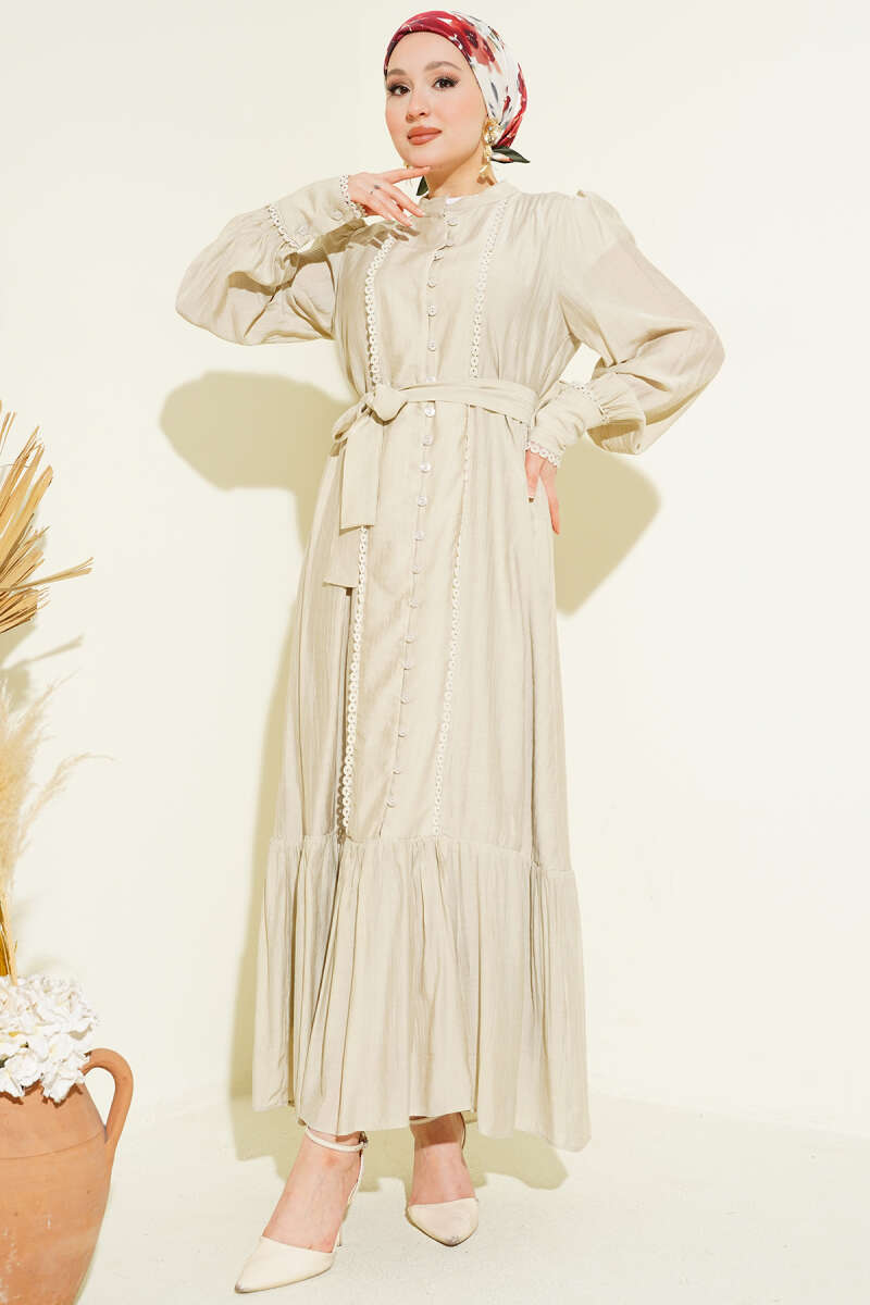 Belted Dress with Pleated Skirt - Stone