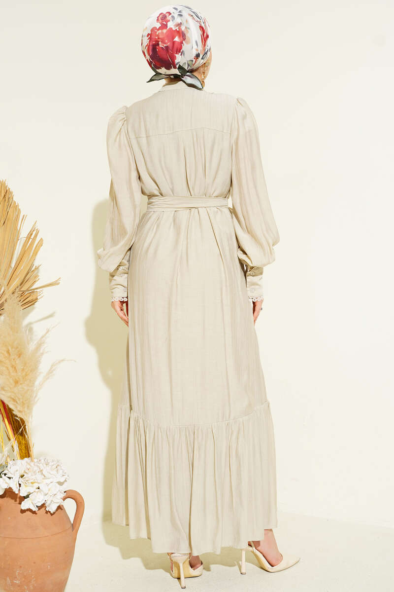 Belted Dress with Pleated Skirt - Stone