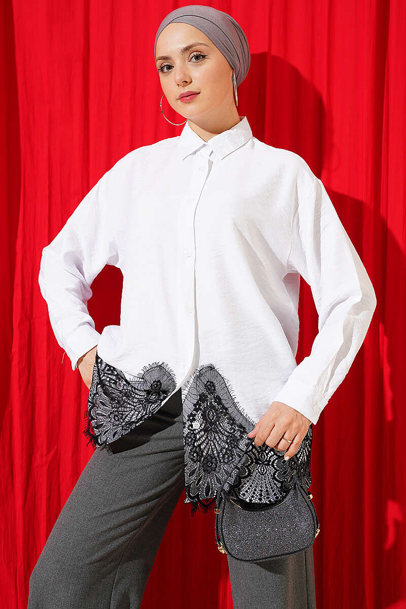 Shirt with Lace Hem - White