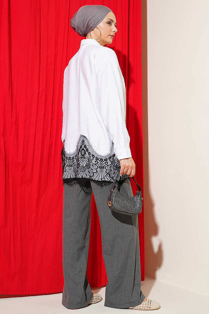 Shirt with Lace Hem - White