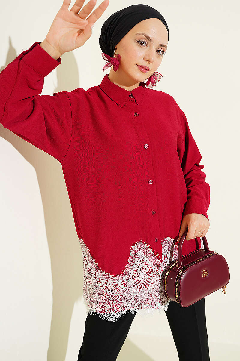 Shirt with Lace Hem - Burgundy