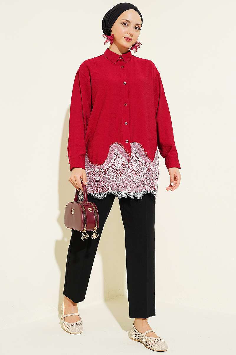 Shirt with Lace Hem - Burgundy