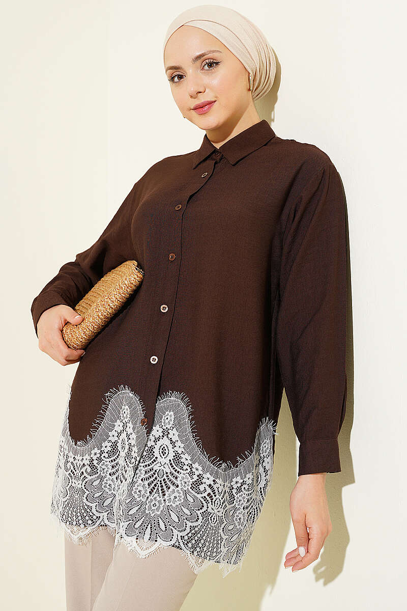 Shirt with Lace Hem - Brown