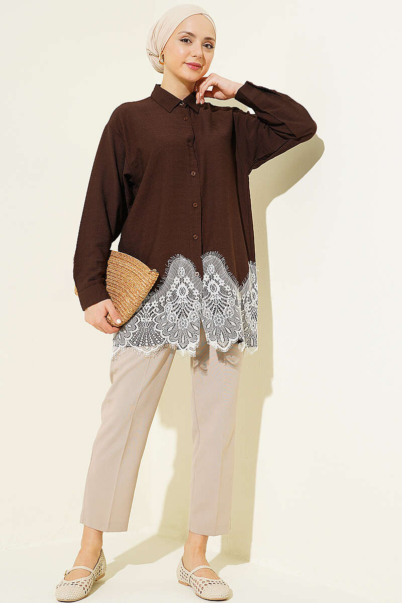 Shirt with Lace Hem - Brown