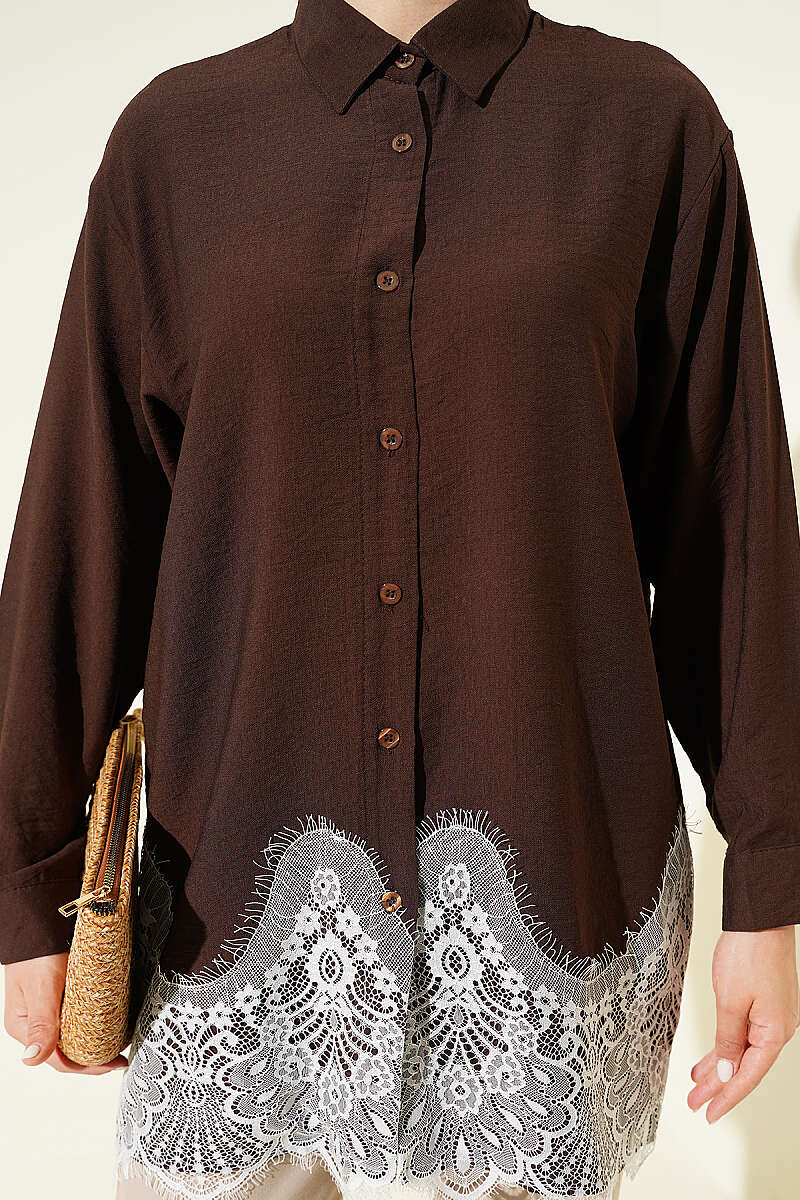 Shirt with Lace Hem - Brown