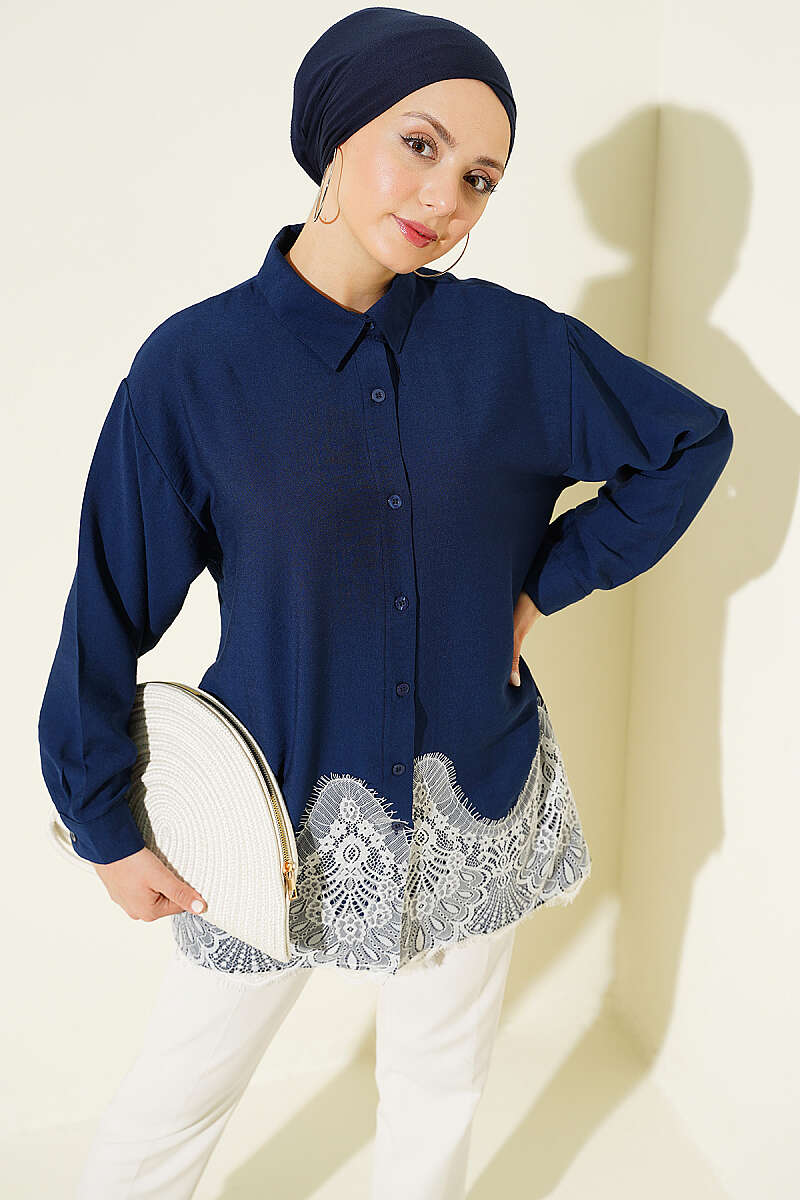 Shirt with Lace Hem - Navy