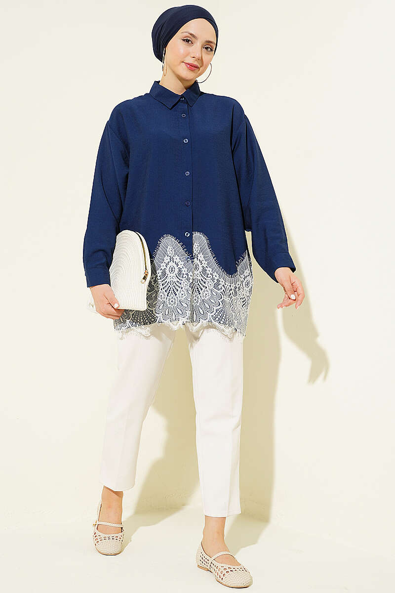 Shirt with Lace Hem - Navy