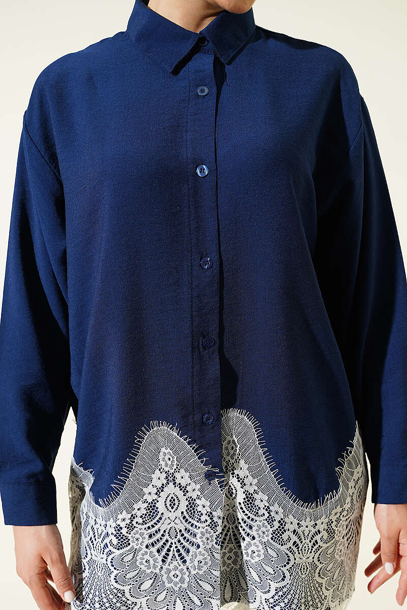 Shirt with Lace Hem - Navy