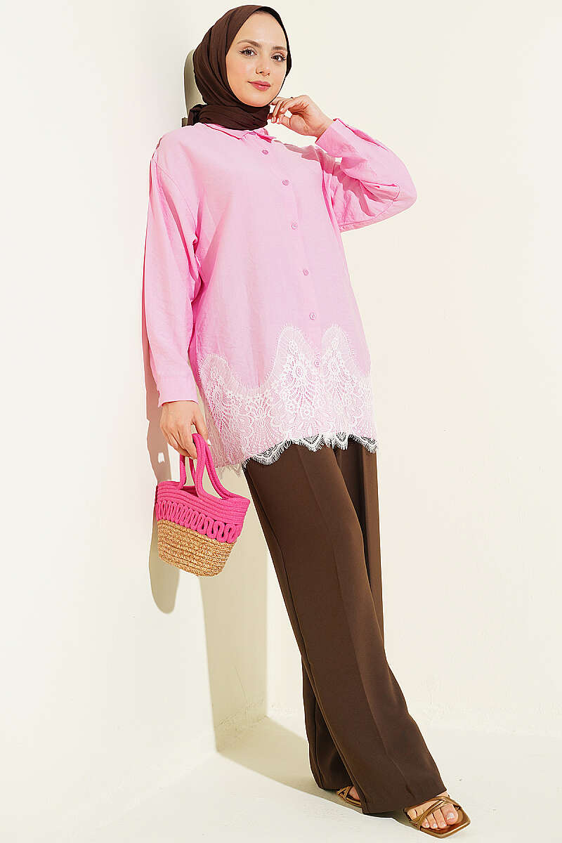 Shirt with Lace Hem - Pink