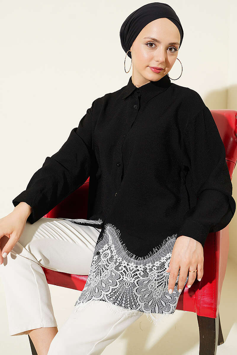 Shirt with Lace Hem - Black