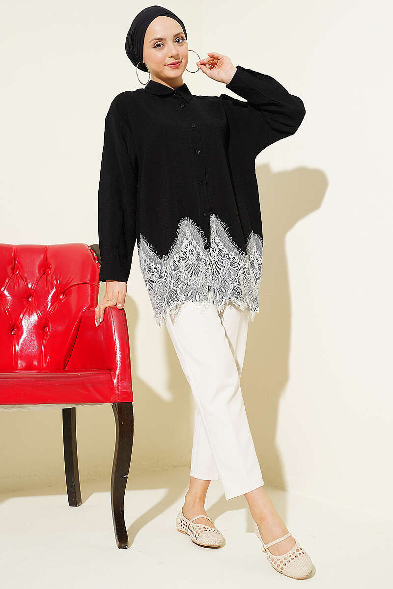 Shirt with Lace Hem - Black