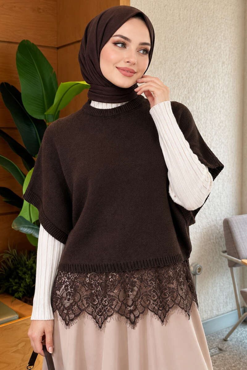 Knit Sweater with Lace Hem - Brown