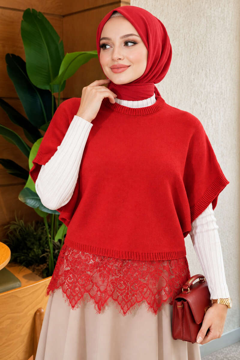 Knit Sweater with Lace Hem - Red