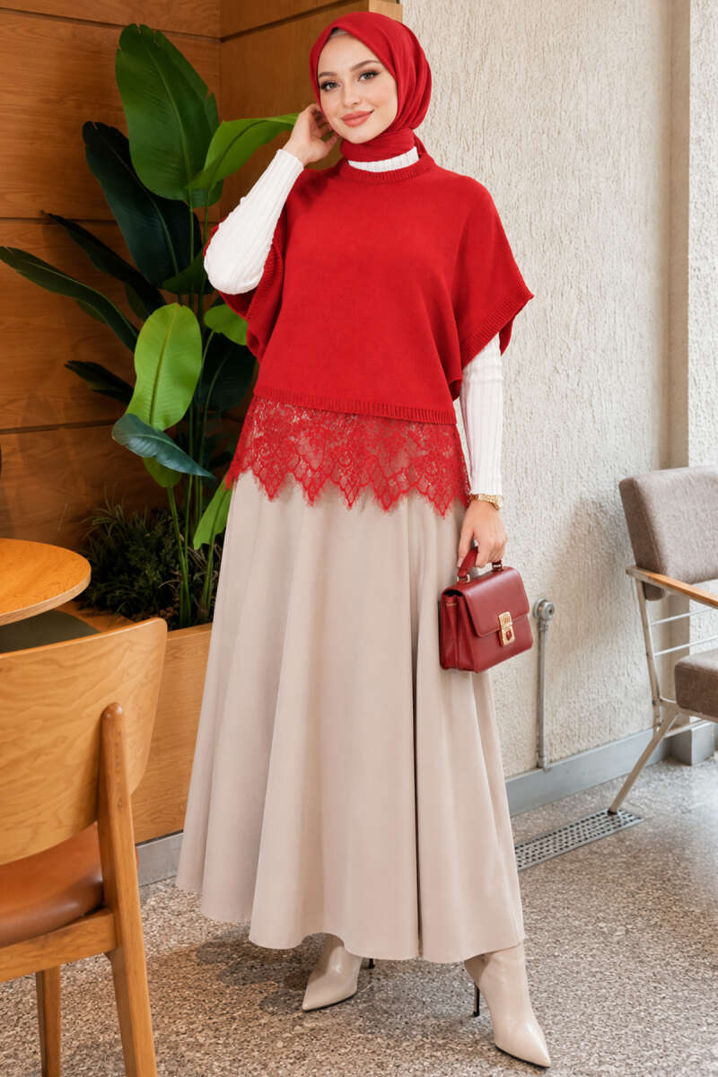 Knit Sweater with Lace Hem - Red