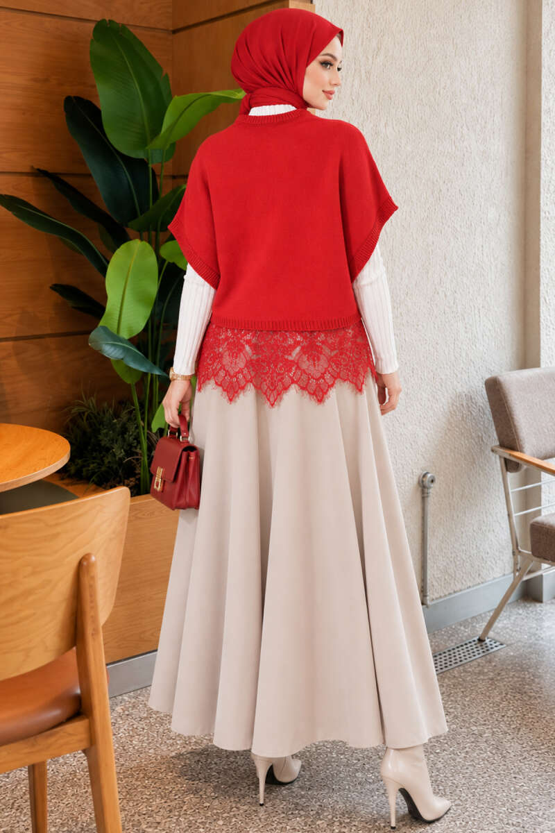 Knit Sweater with Lace Hem - Red