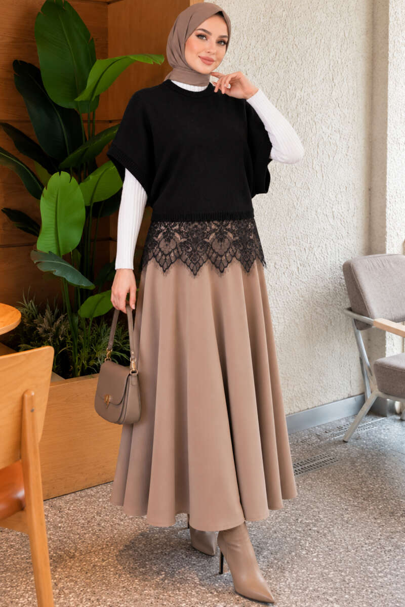 Knit Sweater with Lace Hem - Black