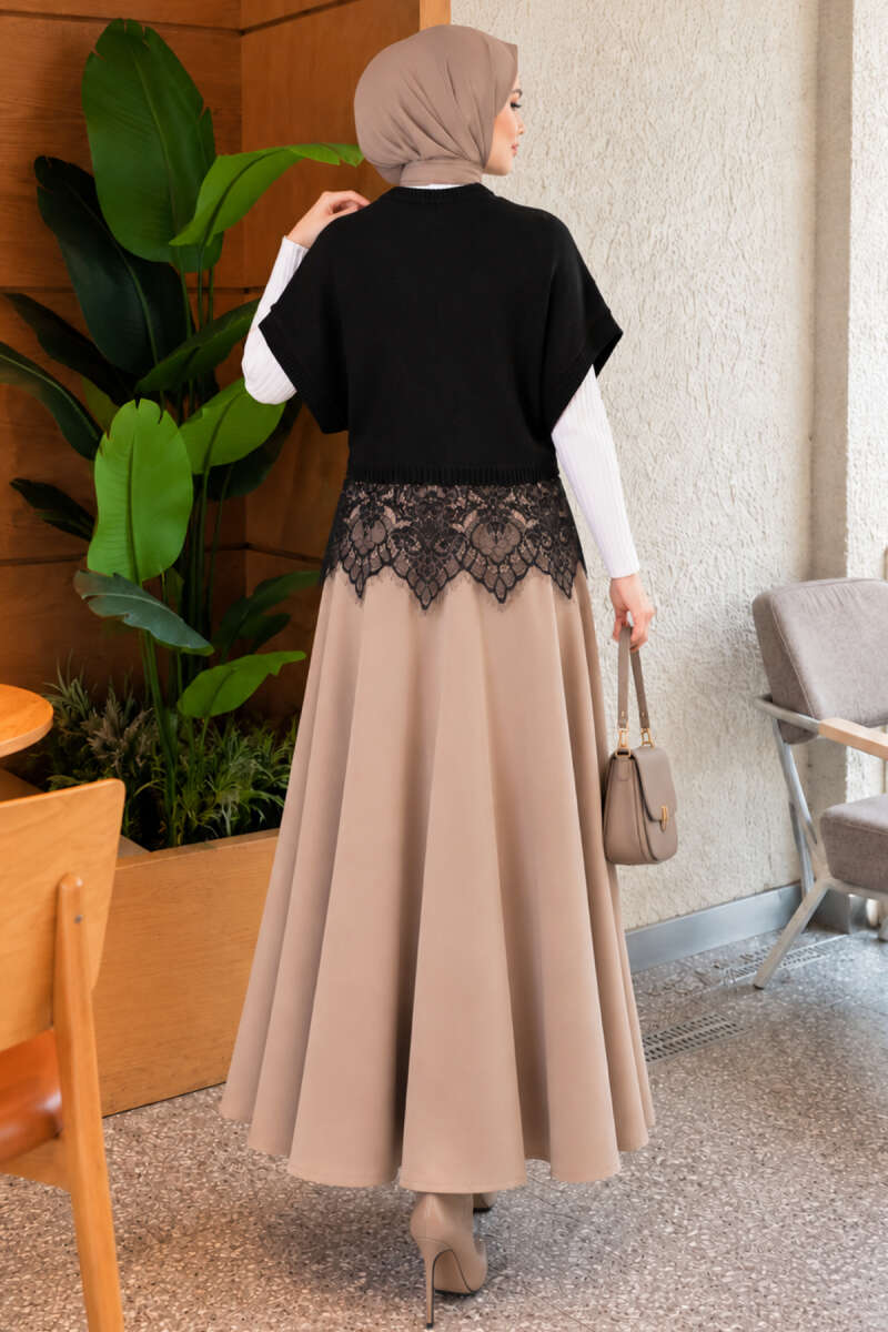 Knit Sweater with Lace Hem - Black