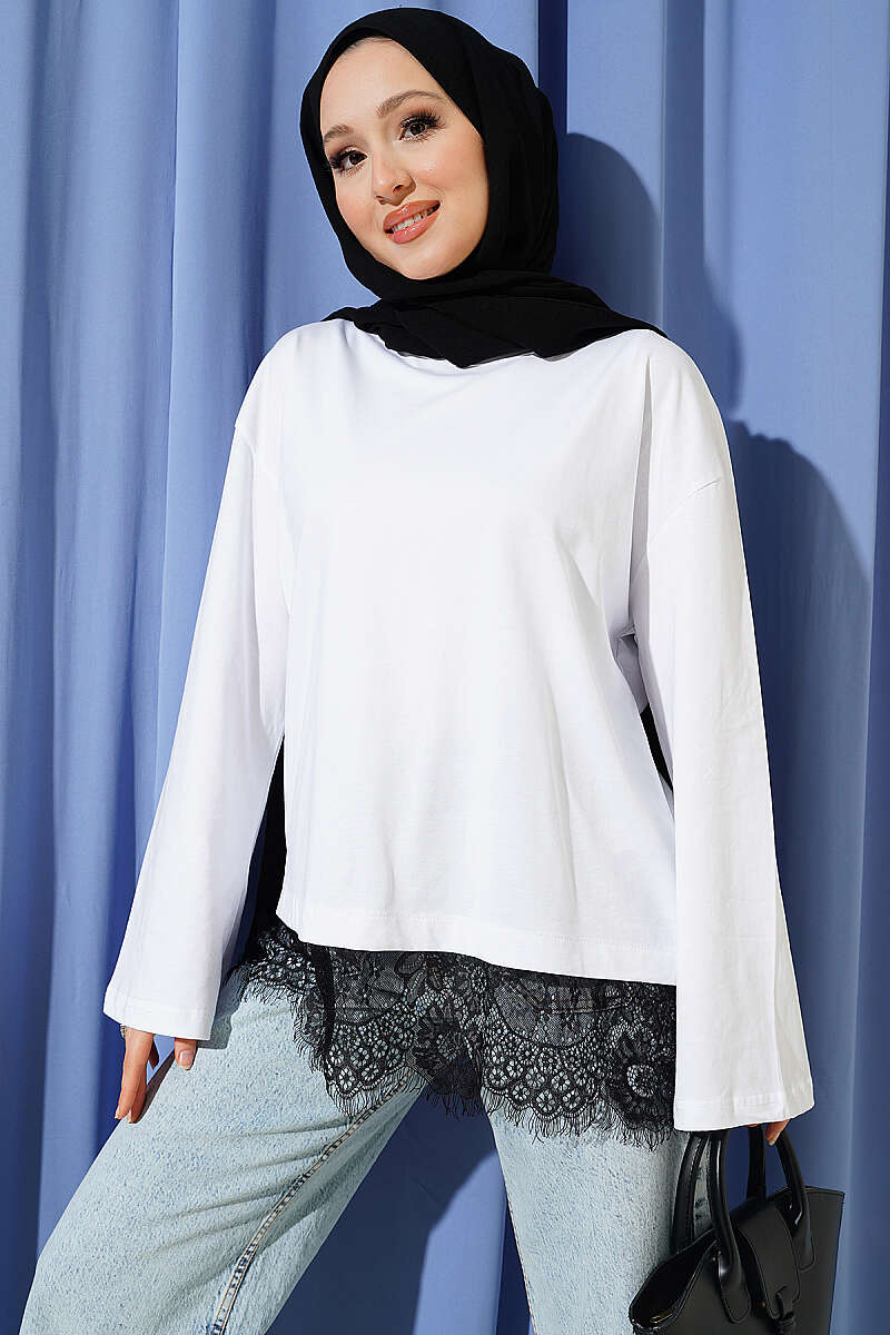 Basic Tunic with Lace Hem - White