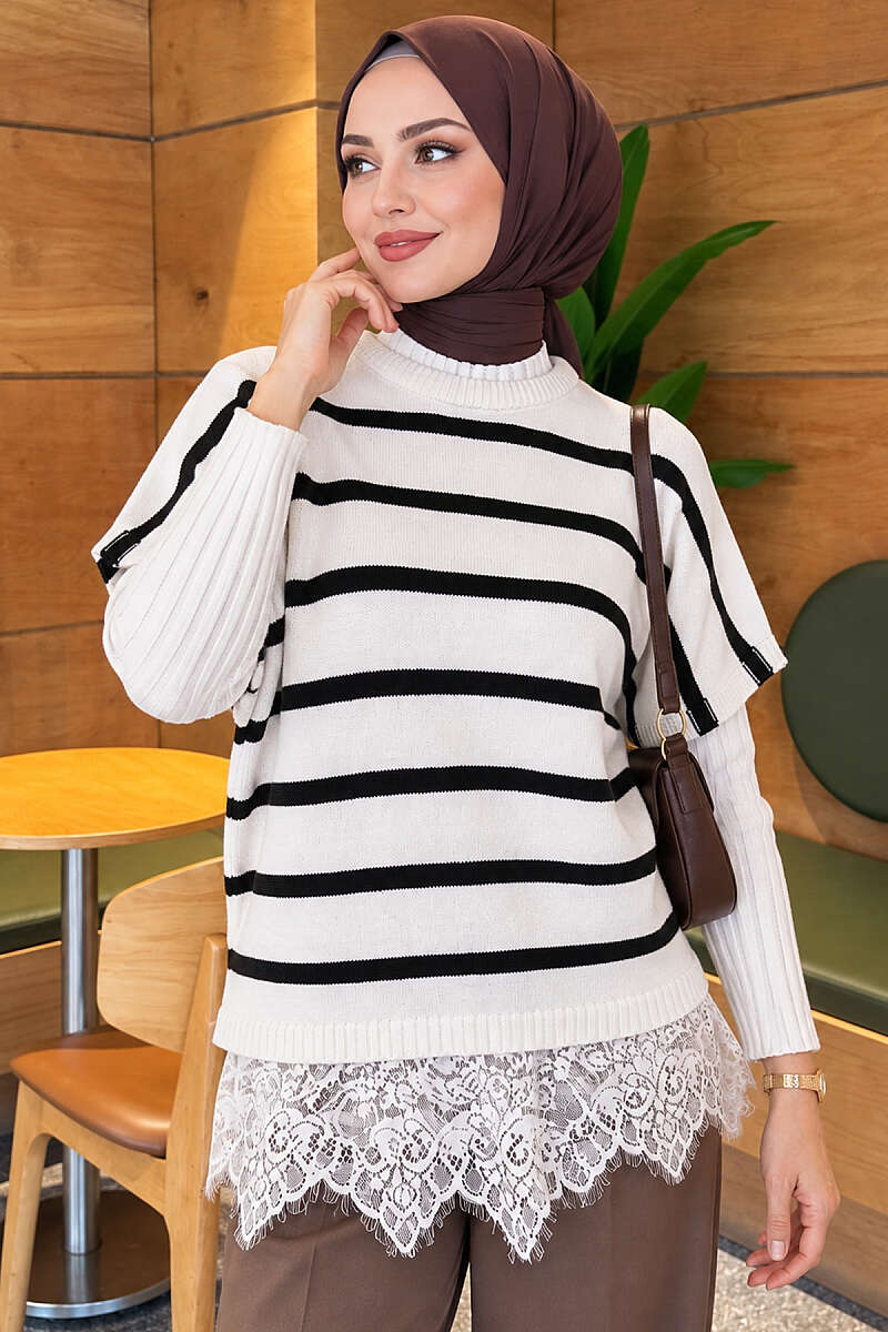 Striped Knit Sweater with Lace Hem - White