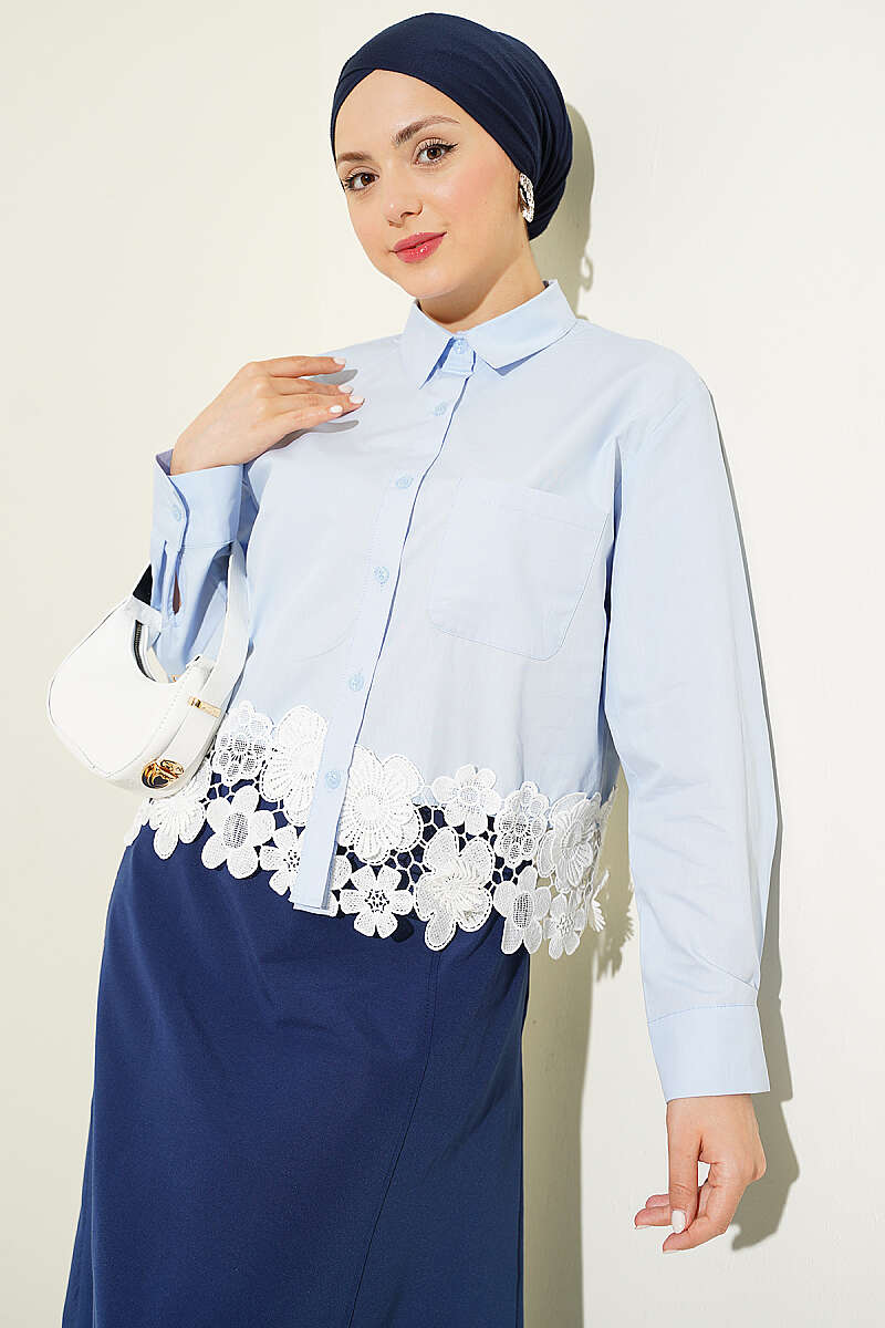 Short Shirt with Lace Hem - Ice Blue