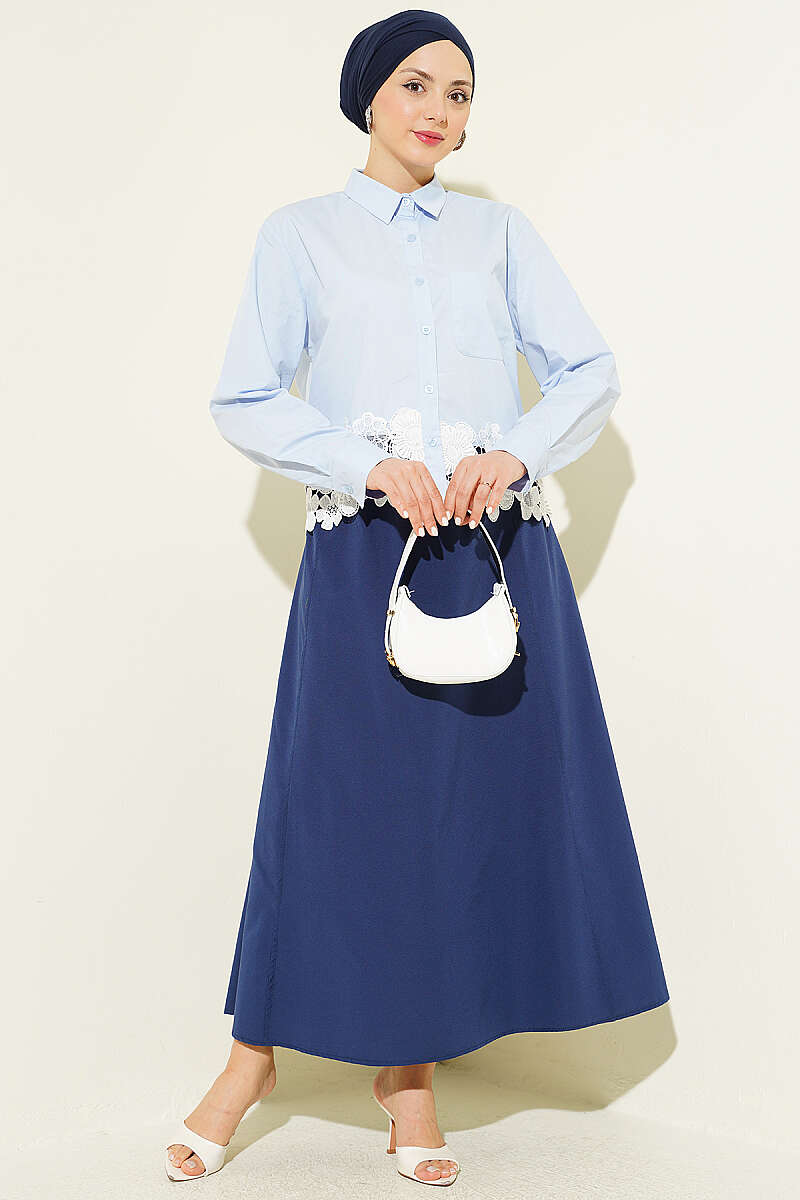 Short Shirt with Lace Hem - Ice Blue