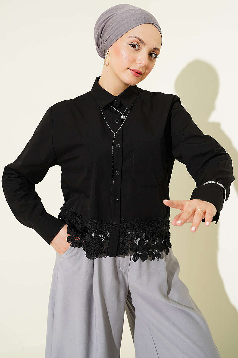 Short Shirt with Lace Hem - Black