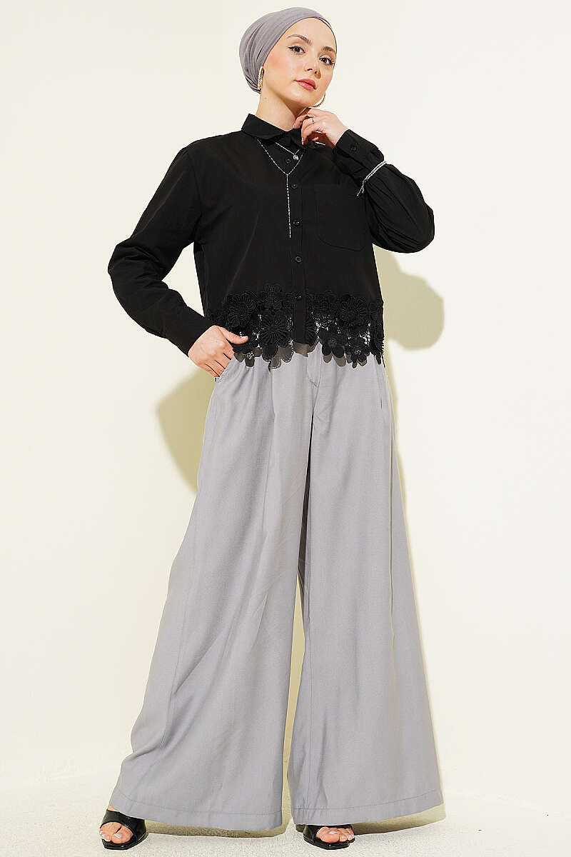 Short Shirt with Lace Hem - Black