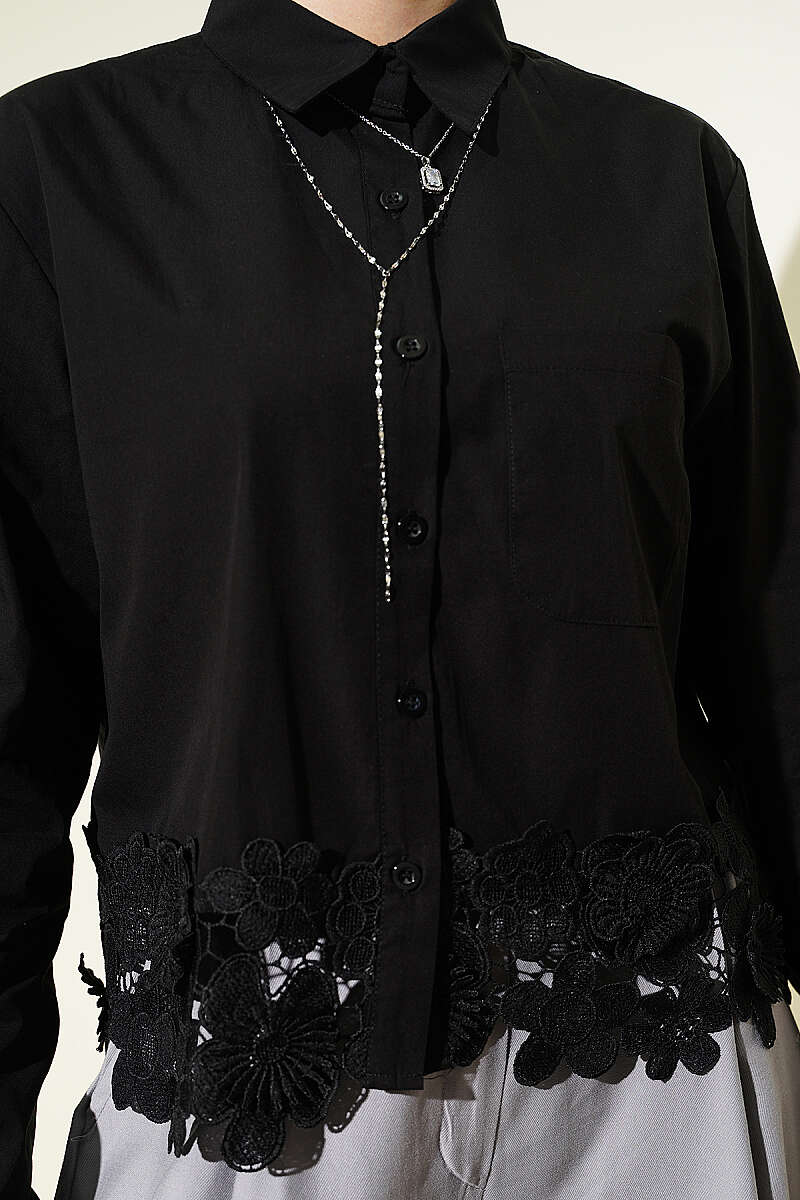 Short Shirt with Lace Hem - Black