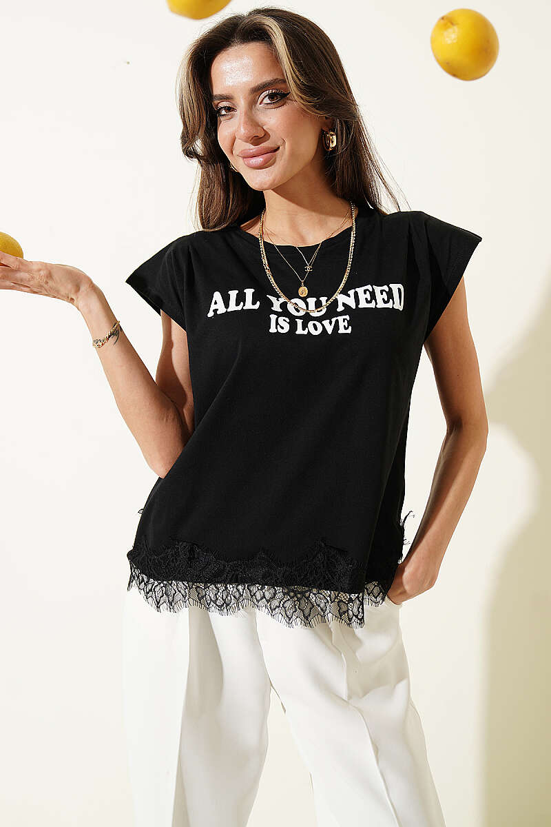 Sleeveless T-Shirt with Lace Hem - Black