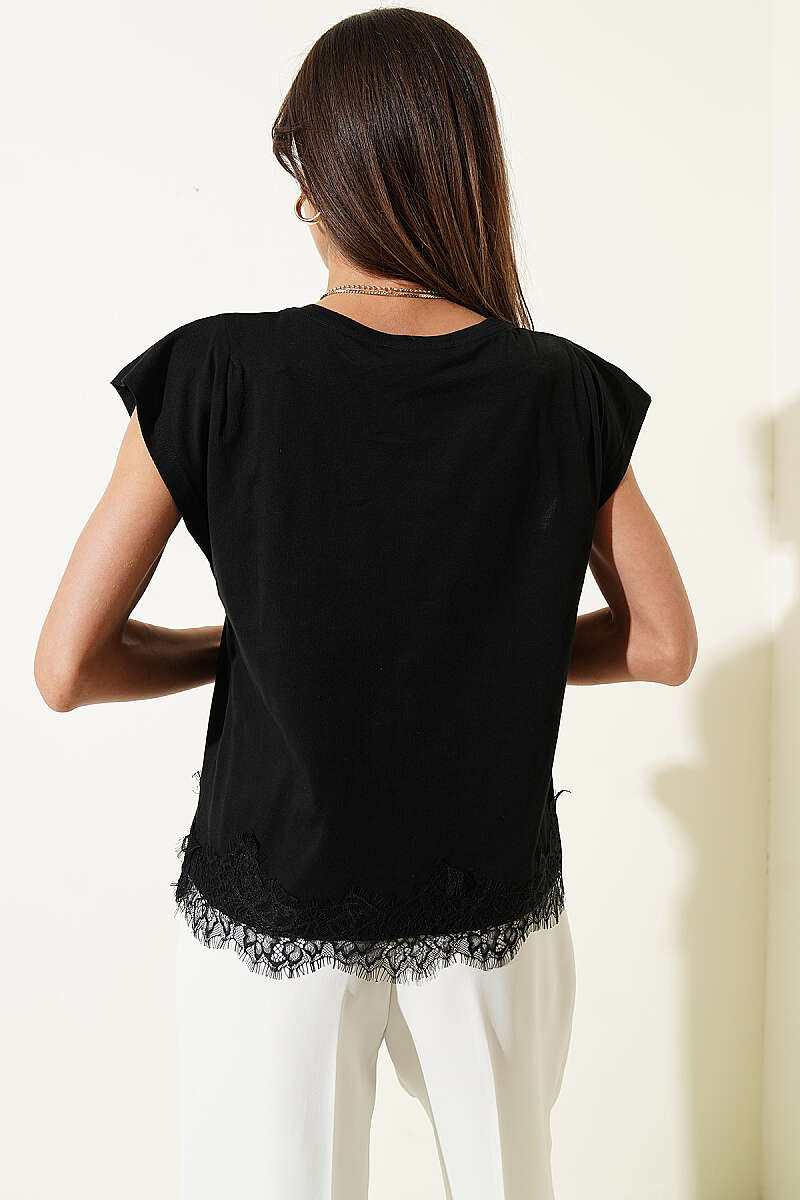 Sleeveless T-Shirt with Lace Hem - Black