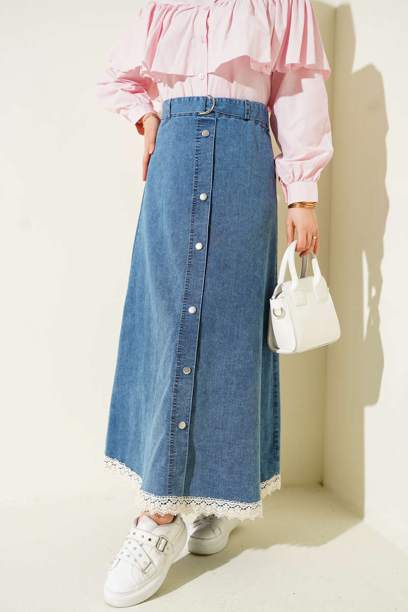 Denim Skirt with Lace Hem - Classic Denim