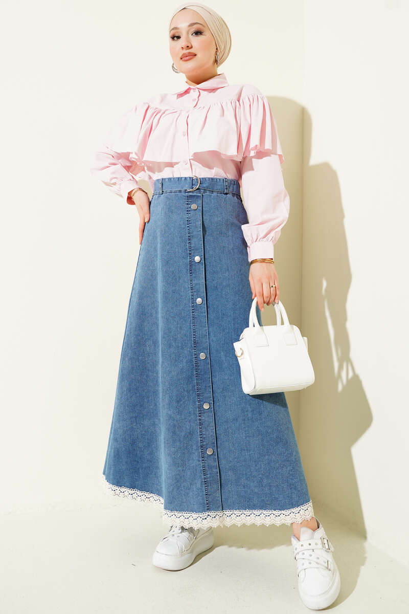 Denim Skirt with Lace Hem - Classic Denim