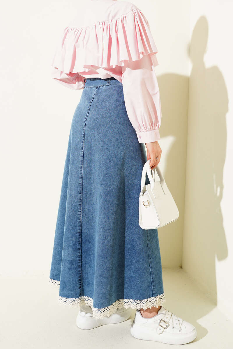 Denim Skirt with Lace Hem - Classic Denim
