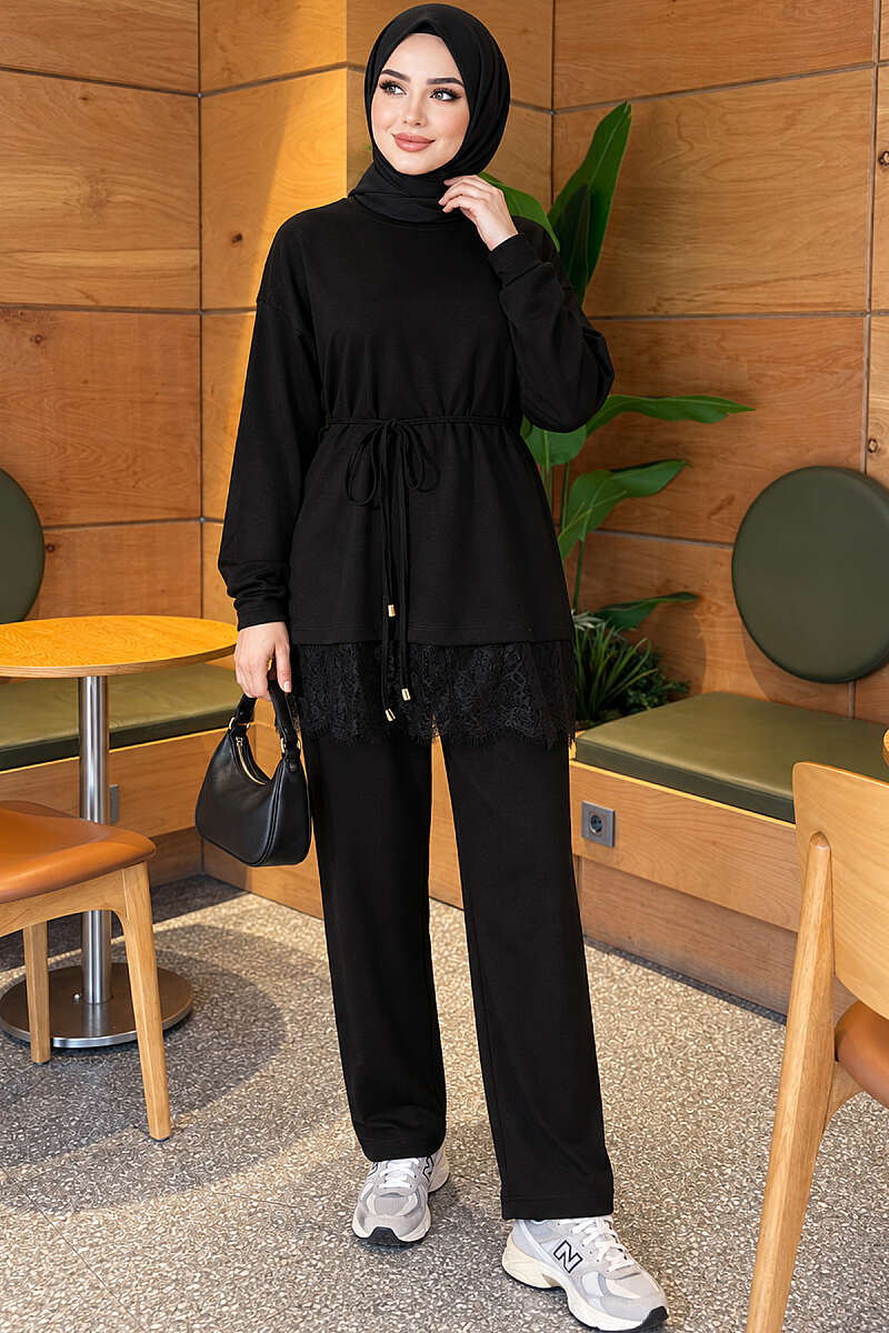 Two-Piece Set with Lace Hem - Black