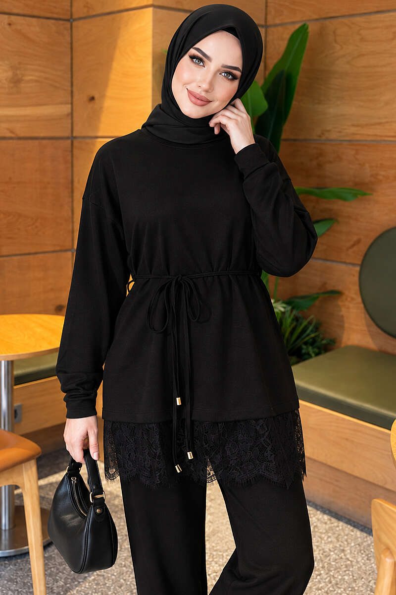 Two-Piece Set with Lace Hem - Black