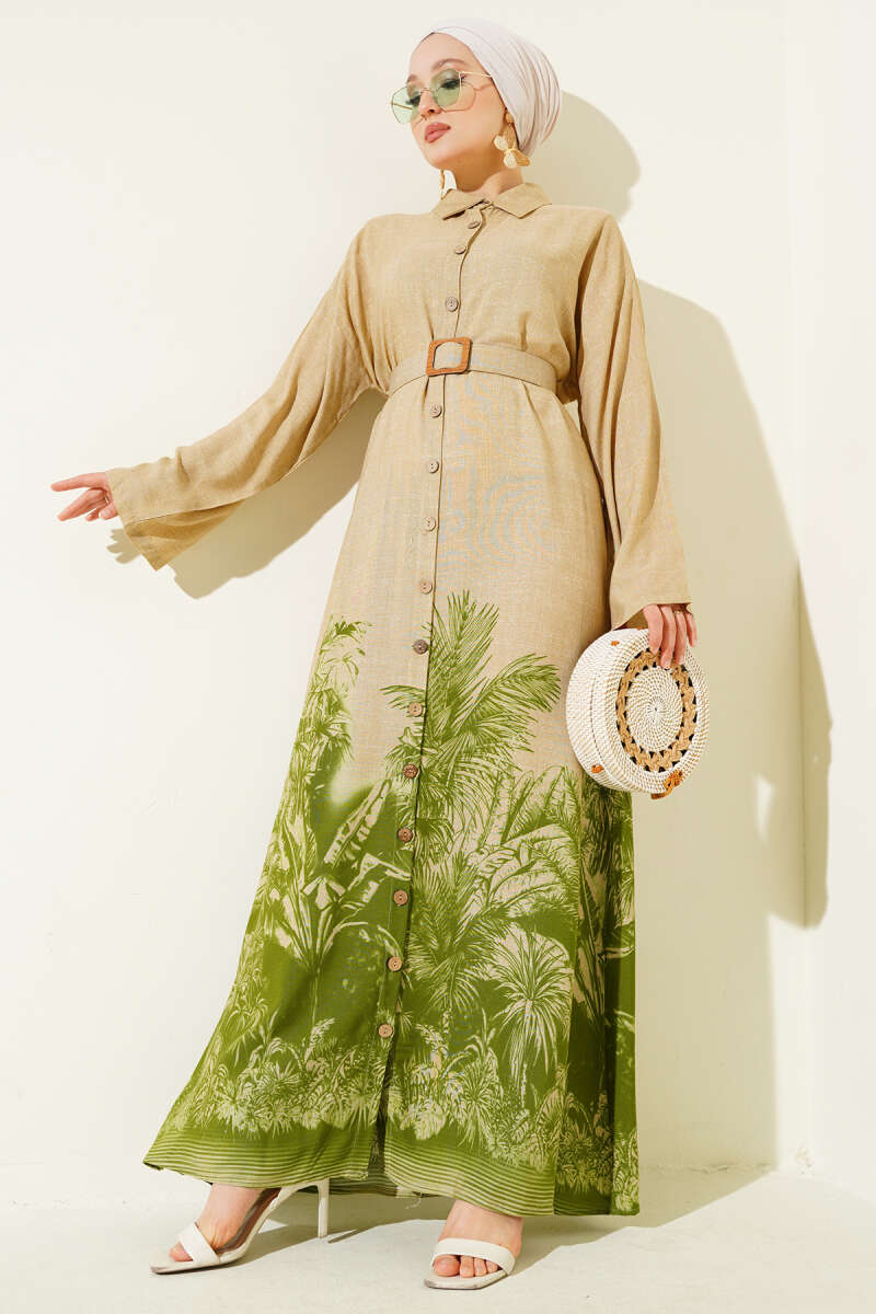 Button-Through Dress with Patterned Hem - Green