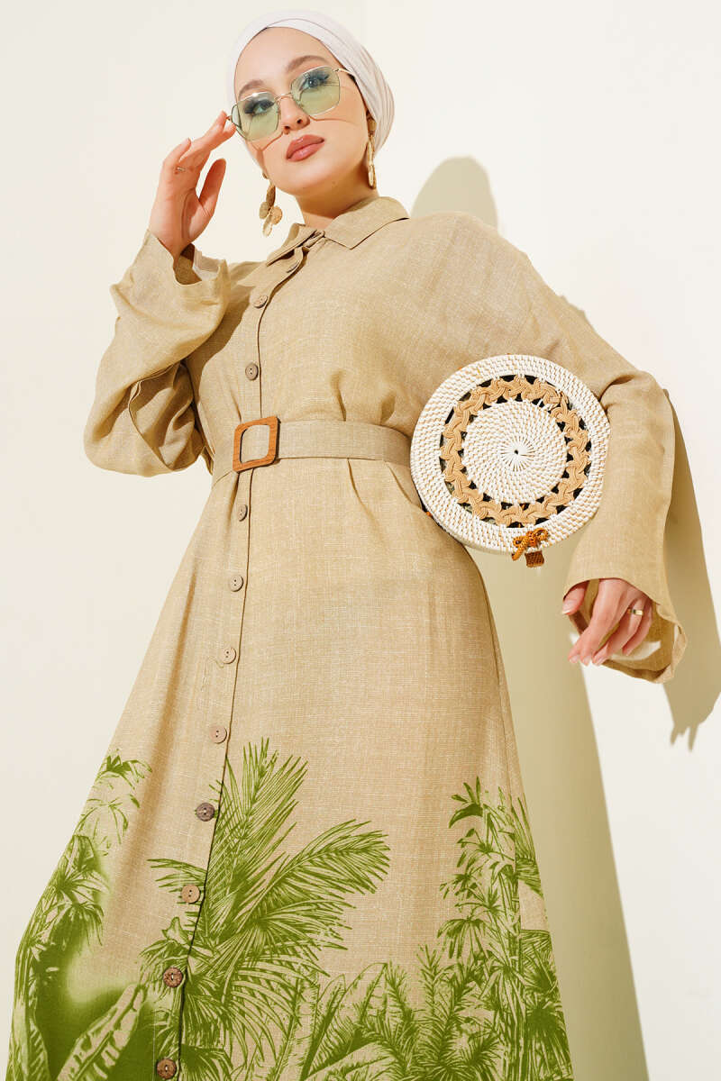 Button-Through Dress with Patterned Hem - Green