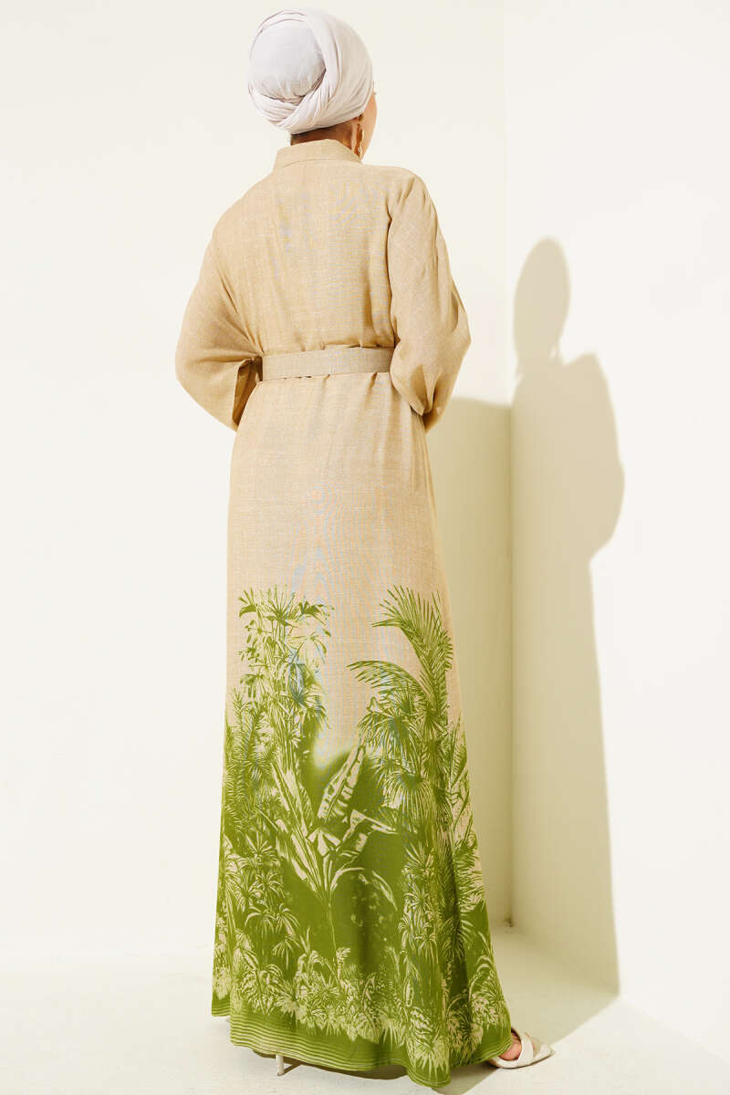 Button-Through Dress with Patterned Hem - Green