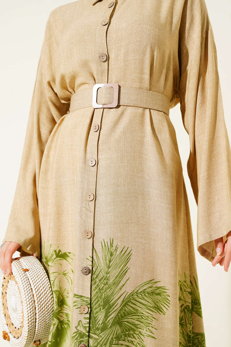 Button-Through Dress with Patterned Hem - Green