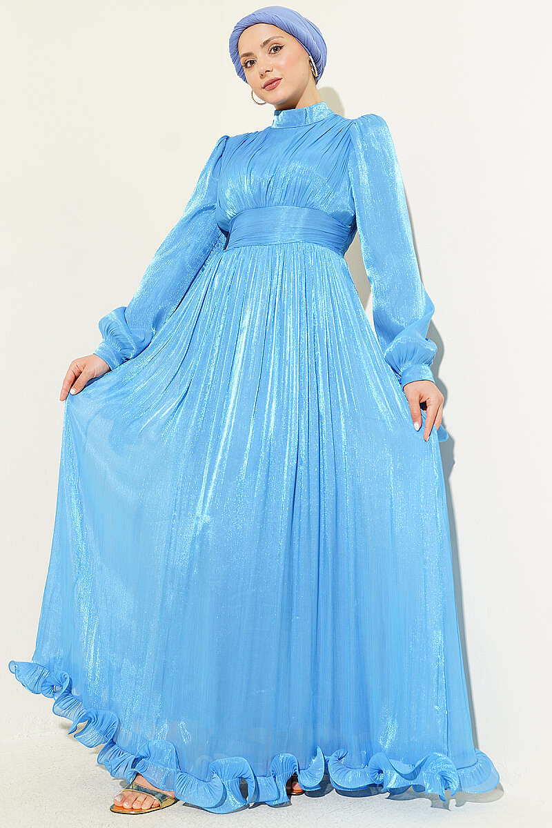 Ruched Evening Dress with Ruffle Hem - Blue