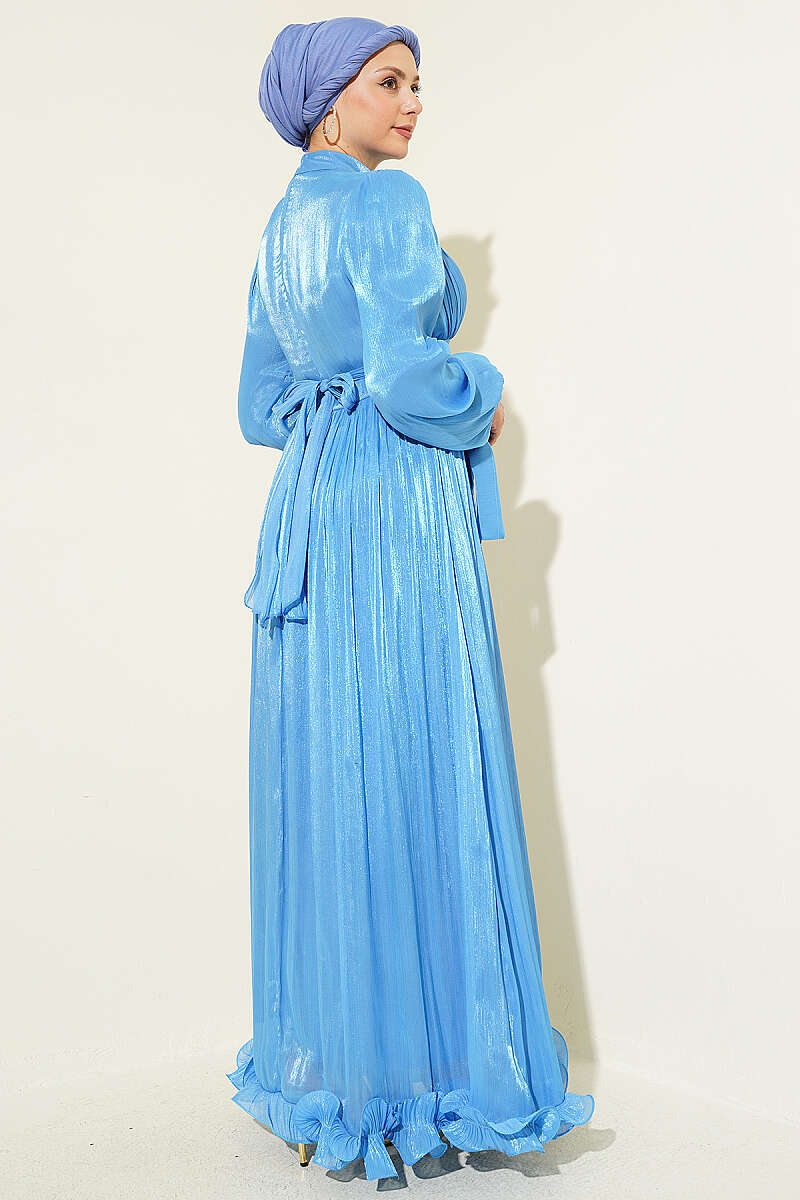 Ruched Evening Dress with Ruffle Hem - Blue