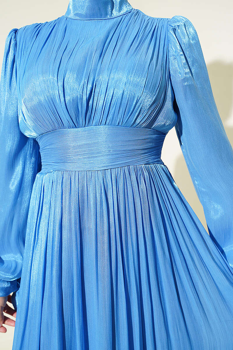 Ruched Evening Dress with Ruffle Hem - Blue