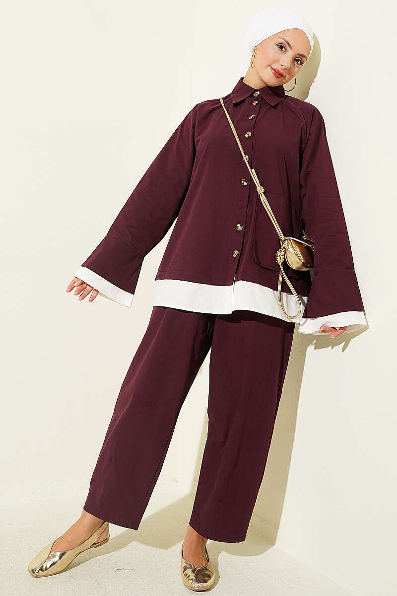 Two-Piece Set with Trimmed Hem - Burgundy