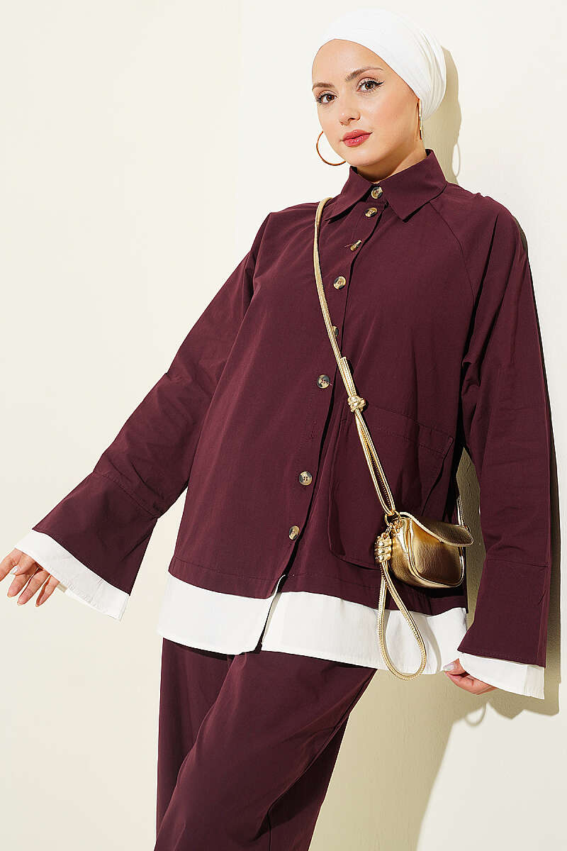 Two-Piece Set with Trimmed Hem - Burgundy