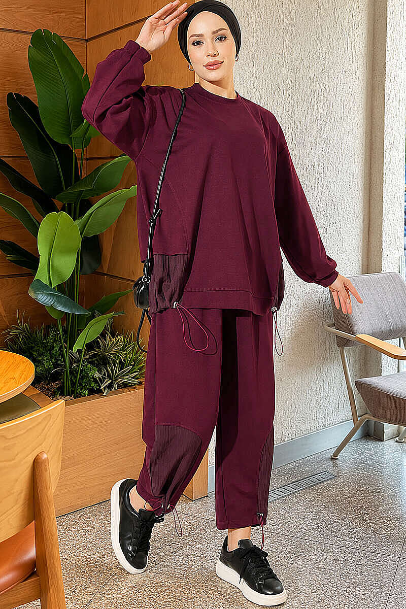 Two-Piece Set with Elastic Hem - Burgundy