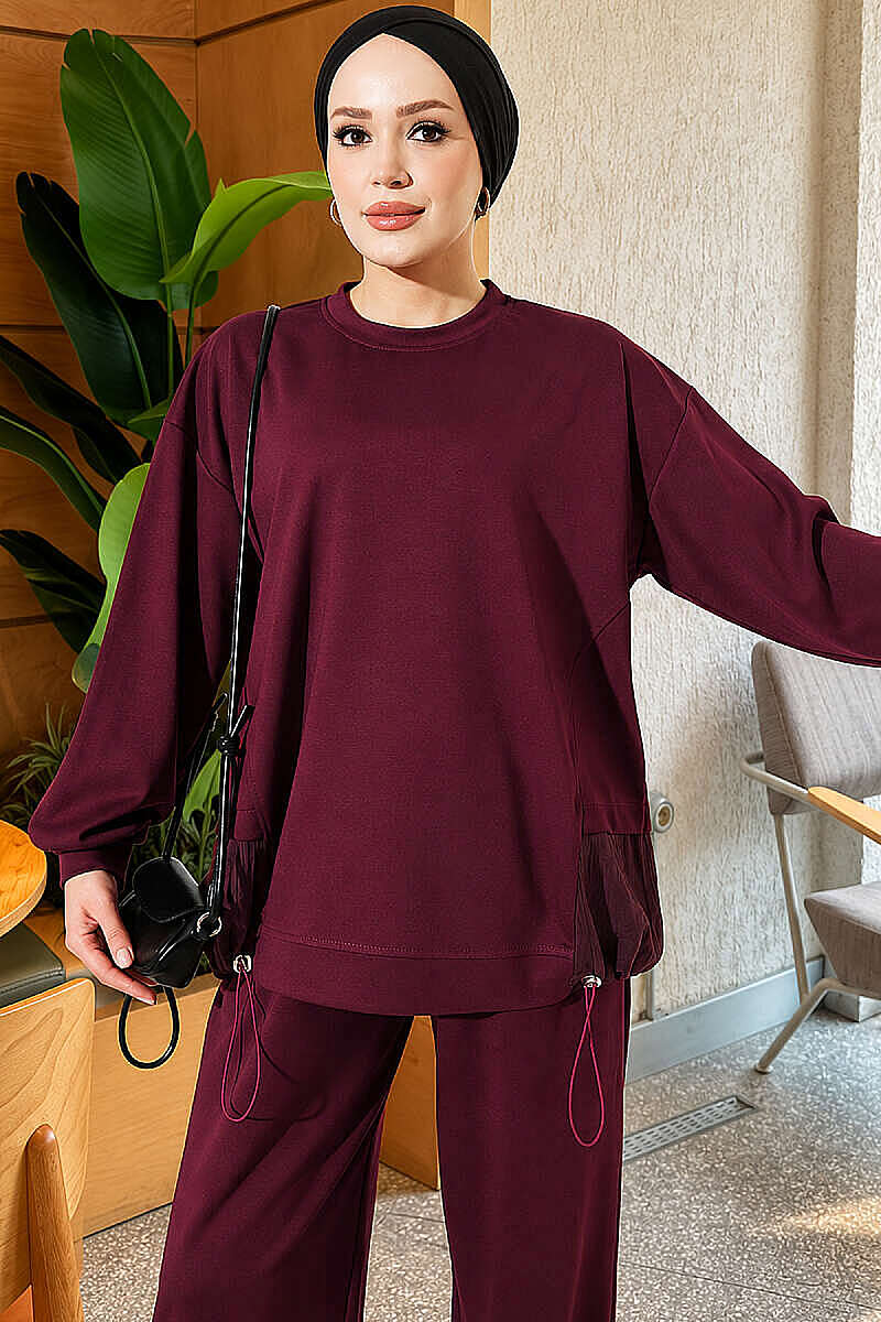 Two-Piece Set with Elastic Hem - Burgundy