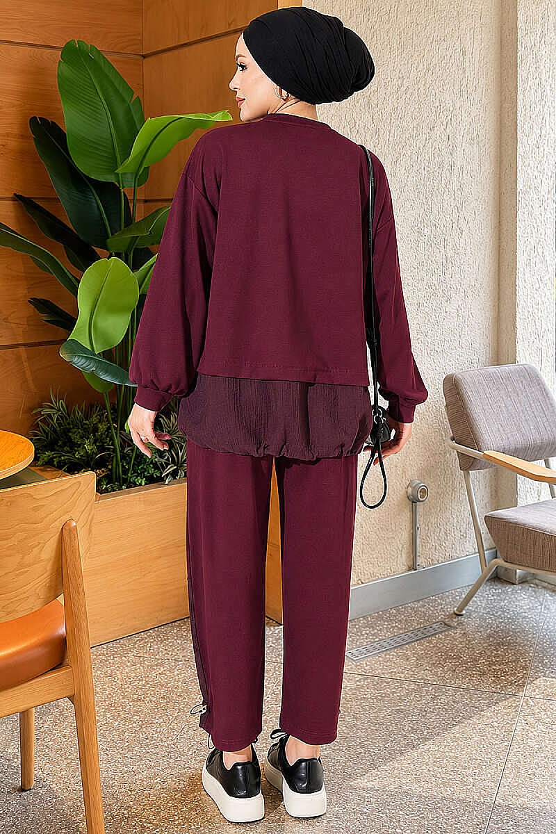 Two-Piece Set with Elastic Hem - Burgundy