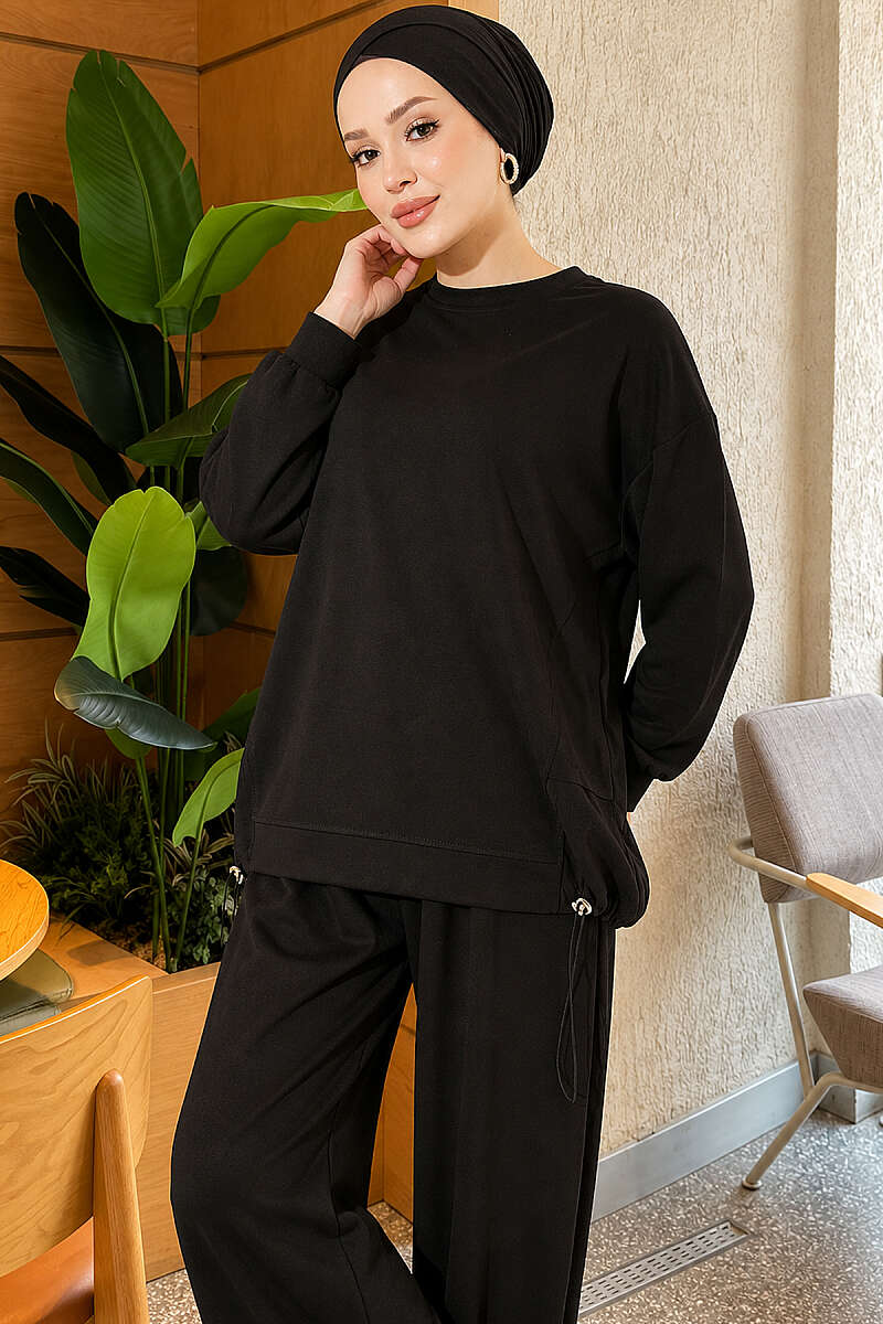 Two-Piece Set with Elastic Hem - Black