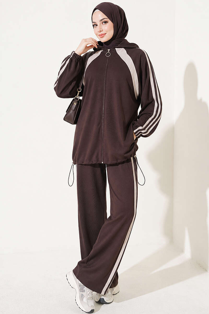 Two-Piece Set with Elastic Hem and Trim - Dark Brown
